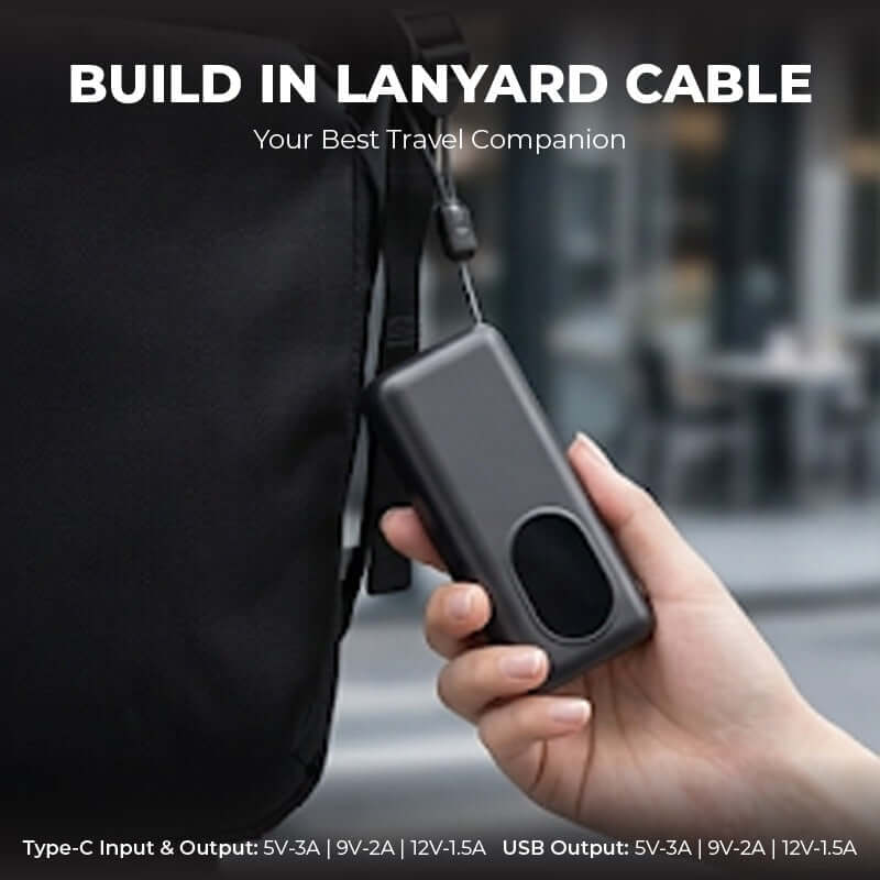 Quickpower World Mini Powerbank With LED Torch Light 10000MAH featured with built-in lanyard cable.
