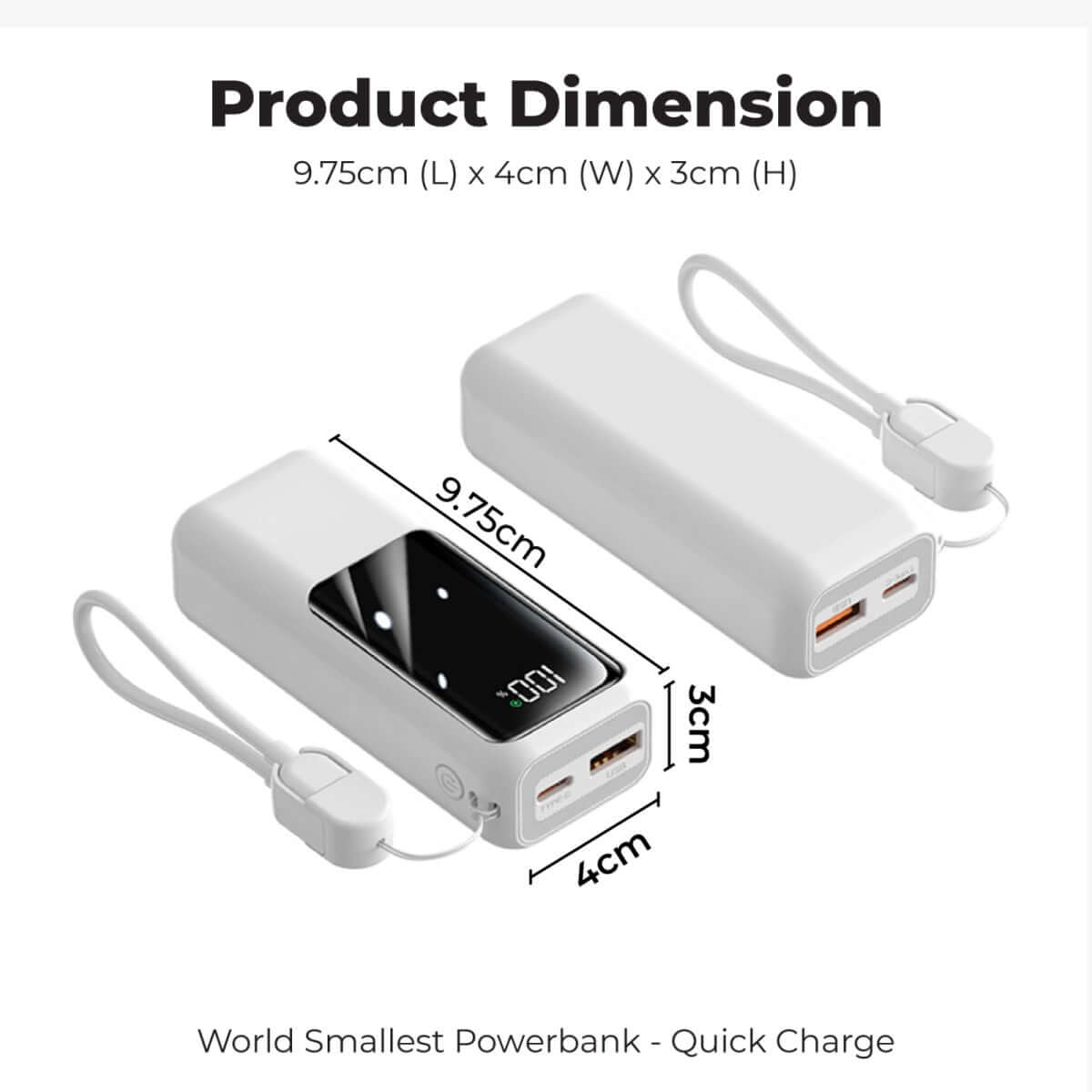 10000mAh World Smallest Powerbank QC3.0 + PD22.5W Super Quick Charge dimensions showing 9.75cm x 4cm x 3cm.