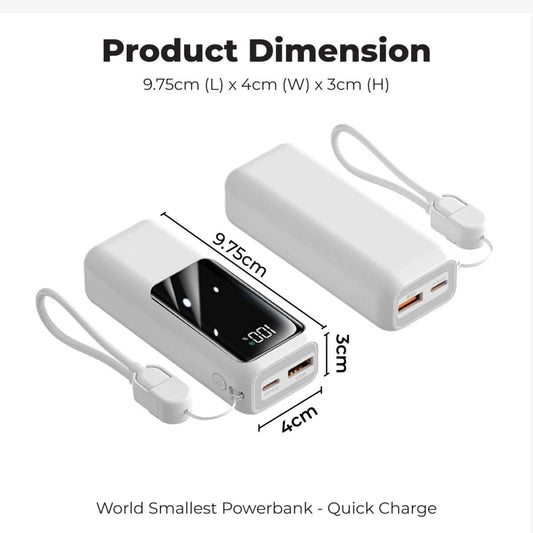 10000mAh World Smallest Powerbank QC3.0 + PD22.5W Super Quick Charge dimensions showing 9.75cm x 4cm x 3cm.