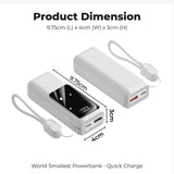 10000mAh World Smallest Powerbank QC3.0 + PD22.5W Super Quick Charge dimensions showing 9.75cm x 4cm x 3cm.