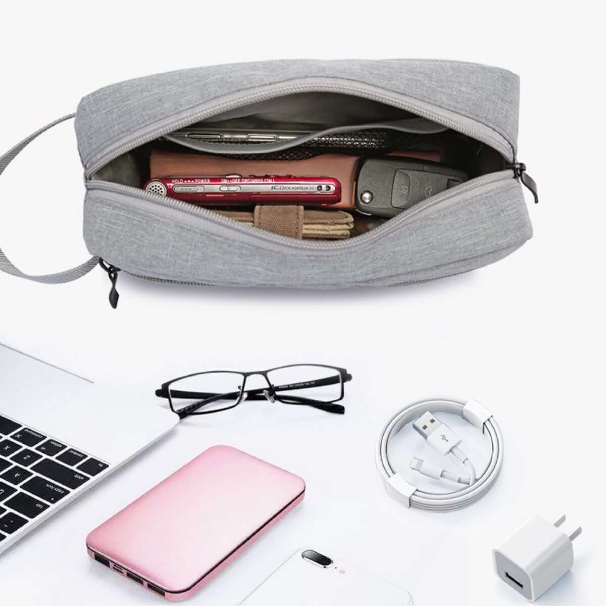 Gadget and Sanitary Pouch open showing items inside, perfect for corporate gift use.