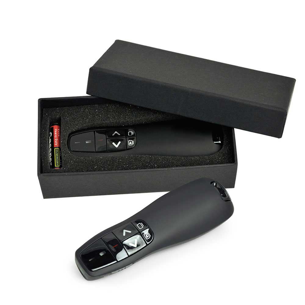 Black wireless presenter shown in a foam-lined black box with a battery example, plus an angled view of its slide-control buttons