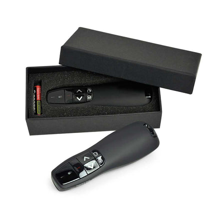 Black wireless presenter shown in a foam-lined black box with a battery example, plus an angled view of its slide-control buttons
