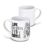 Arista Stackable Coffee Mug with a design that says 'Life Begins After Coffee'