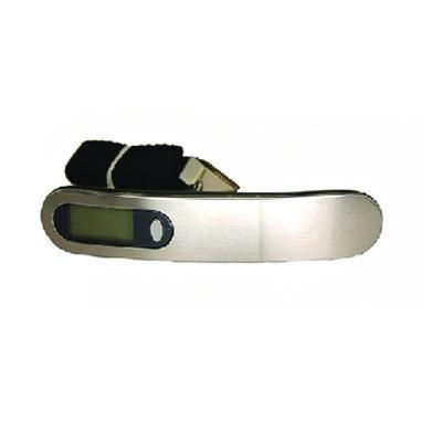 Silver digital luggage scale with small display, oval control button and black strap attachment folded behind it