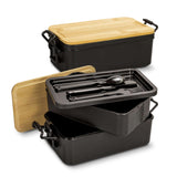 Luncheon Expandable Lunch Box with bamboo lid and utensils, showcasing its expandable design and compact storage.