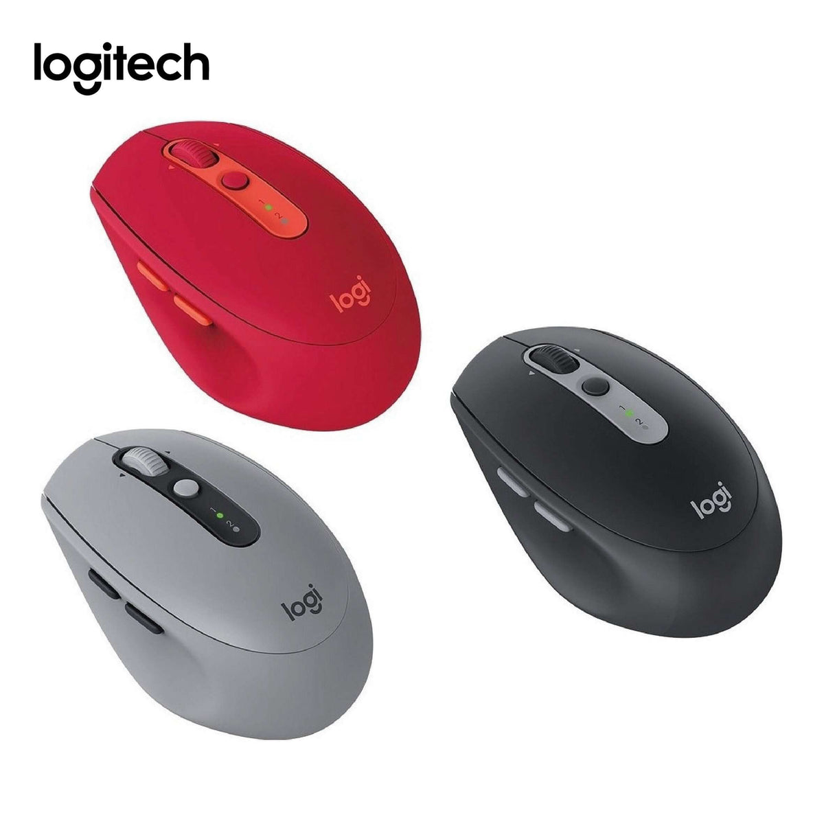 Angled views of red, light grey and dark grey Logitech M590 mice showing two side buttons, scroll wheels and top channel controls