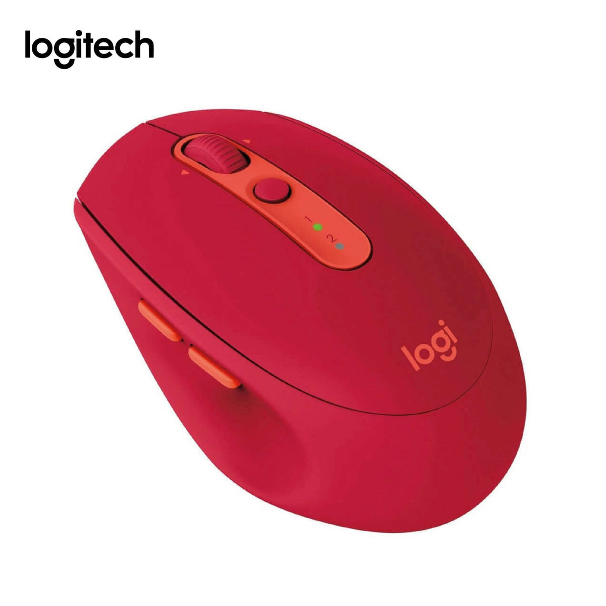 Red Logitech M590 mouse with orange centre strip and side buttons, showing scroll wheel and two-channel indicator