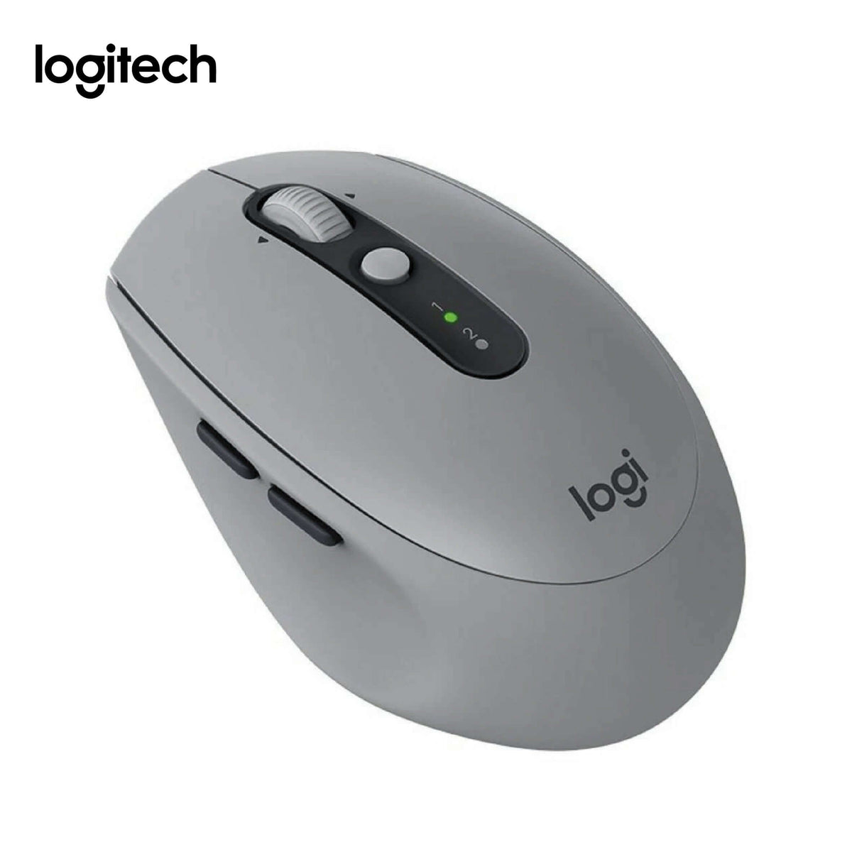 Light grey Logitech M590 mouse with black centre strip and side buttons, showing scroll wheel and Easy-Switch control