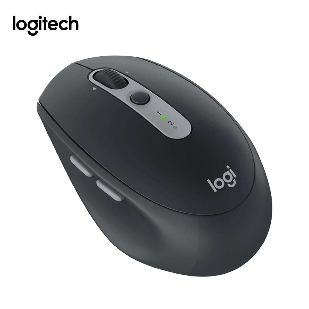 Dark grey Logitech M590 mouse with silver-grey centre strip and side buttons, showing scroll wheel and two-channel indicator