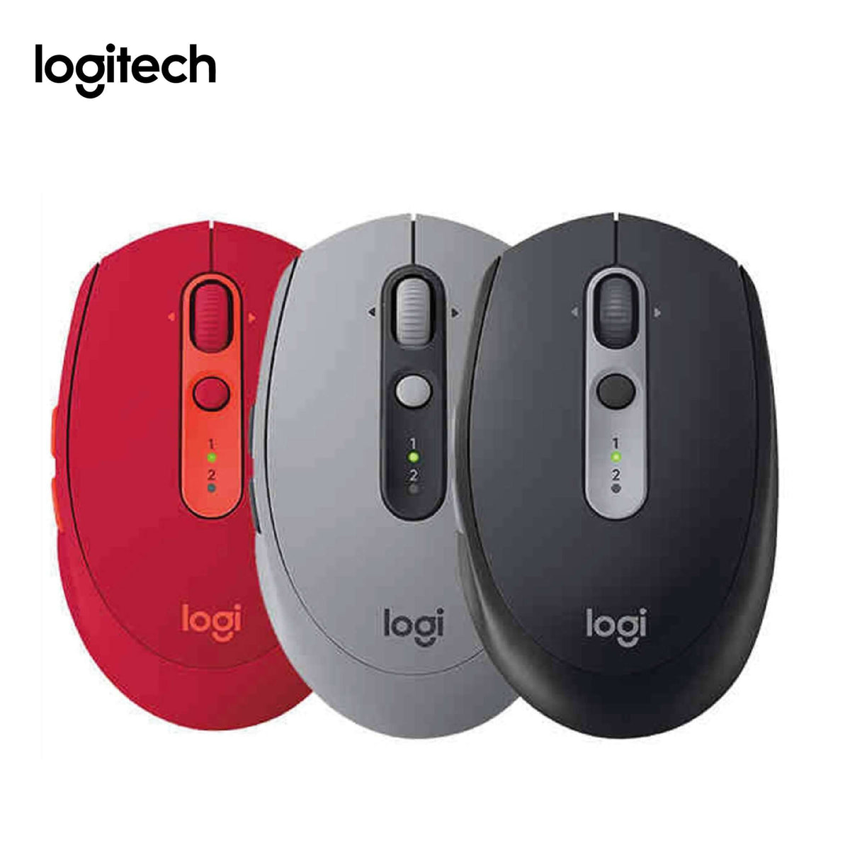 Logitech M590 mouse colour examples in red, light grey and dark grey, showing scroll wheels, Easy-Switch buttons and two-channel indicators