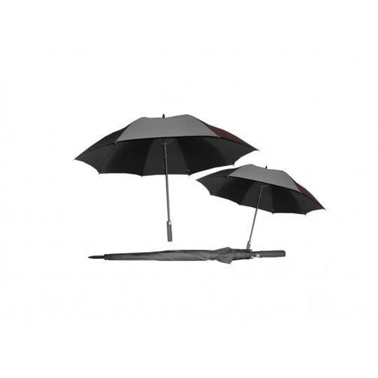Black straight-handle golf umbrella shown open from two angles and closed inside a matching sleeve