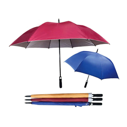 golf umbrellas open in maroon and blue, showing silver underside and folded examples