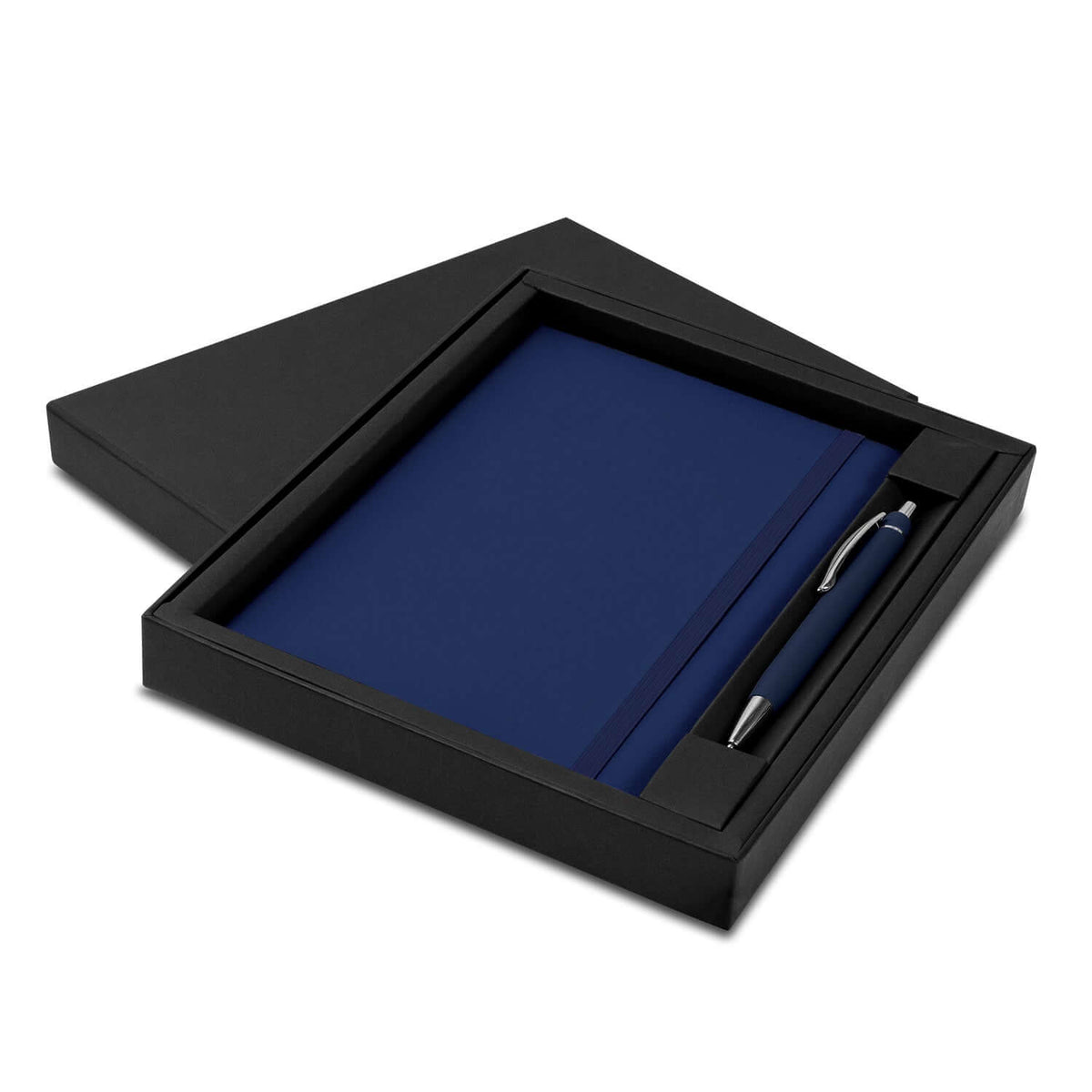 Dark blue Omega notebook and matching pen in an open black presentation box with lid beside it