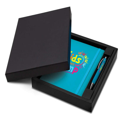 Turquoise Omega notebook with an example multicolour cover logo and matching pen in a partly open black gift box