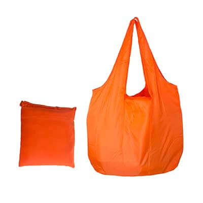 Orange foldable nylon tote shown open beside its matching square storage form