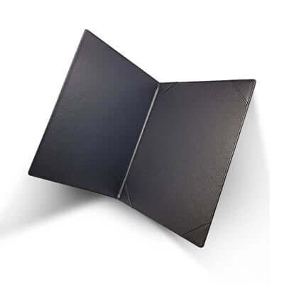 Open black A4 certificate holder with four document-retaining corner slots on the right internal panel