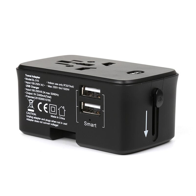 Black travel adaptor base without the charging pad, showing the multi-format socket, two USB-A ports and plug-selector slider