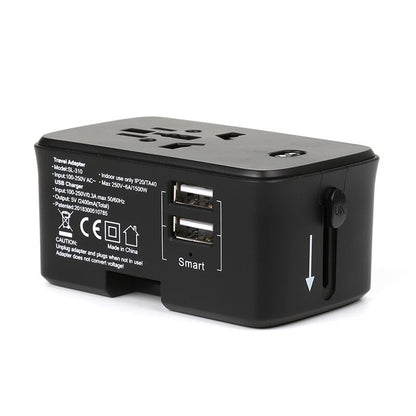Black travel adaptor base without the charging pad, showing the multi-format socket, two USB-A ports and plug-selector slider
