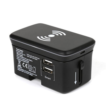 Assembled black travel adaptor with the wireless charging pad on top, two USB-A ports and a side plug-selector slider