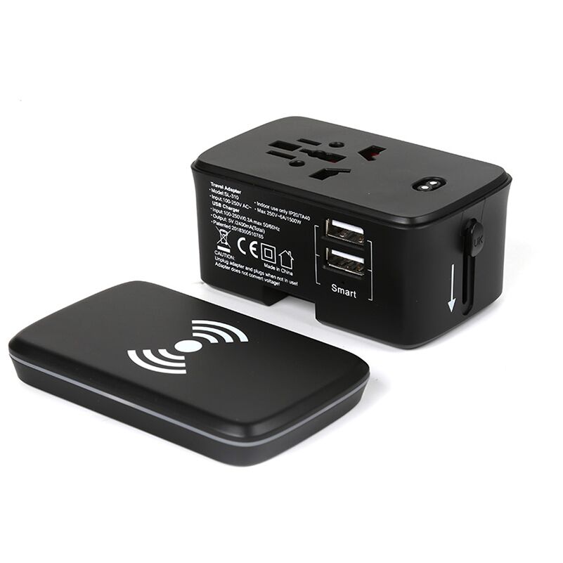 Black travel adaptor base beside the detached flat wireless charging pad, shown as the two separate components