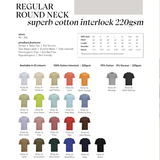 Regular Round Neck Superb Cotton T-shirt color chart and features, available in multiple colors and sizes XS to 3XL.