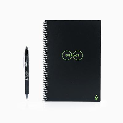 Black Rocketbook Everlast notebook with spiral binding and green cover marks, pictured beside a black pen