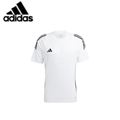 Adidas Tiro 24 Jersey in white with black 3-Stripes and logo, ideal for athletes seeking style and performance.