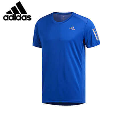 Blue adidas Own The Run Tee Shirt with crew neck, chest logo and sleeve stripes, front view