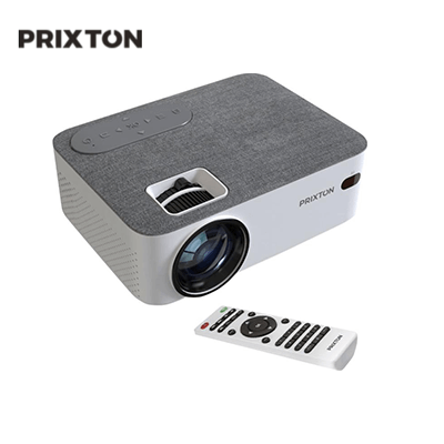 Prixton Lumière projector with remote control, ideal for corporate gifts and high-quality video viewing.