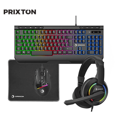 Prixton Dragon Gaming Kit featuring a colorful keyboard, mouse, headset, and mouse pad for enhanced gaming experience.