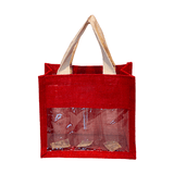 Laminated Jute Bag With Window in red, perfect for shopping and corporate gift, featuring durable design and ample space.