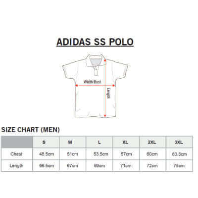 Men’s adidas SS polo size chart supplied in the gallery; confirm the separate women’s measurements