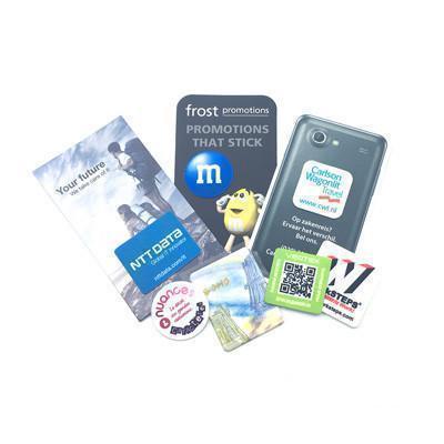Example printed sticky screen cleaners in different shapes beside promotional cards and a phone