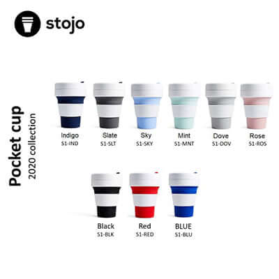 Stojo Pocket cup catalogue showing striped sleeve patterns and contrasting colour combinations