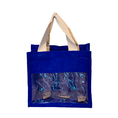 Laminated Jute Bag With Window in blue color, showcasing the transparent window and sturdy handles for corporate gifting.