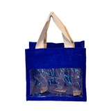 Laminated Jute Bag With Window in blue color, showcasing the transparent window and sturdy handles for corporate gifting.