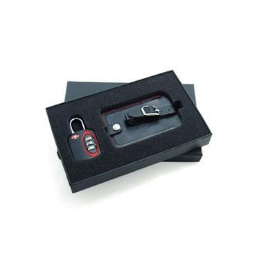 Open black presentation box with combination padlock and black luggage tag in a fitted insert