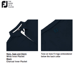 Footjoy Pique Hidden Placket Polo in navy, sage, storm, and black with embroidered logo detail.
