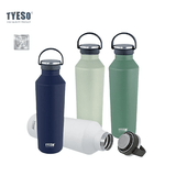 TYESO Vacuum Insulated Sports Bottle with Soft Silicone Handle in various colors with stainless steel design.