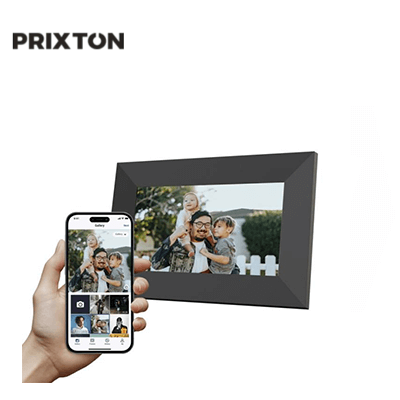 Prixton Prado S 7" Wifi Digital Photo Frame showcasing photo sharing via Uhale app.