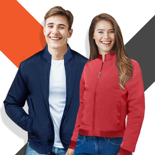 Models wearing navy and red Uno Rebel zip-front jackets with standing collars