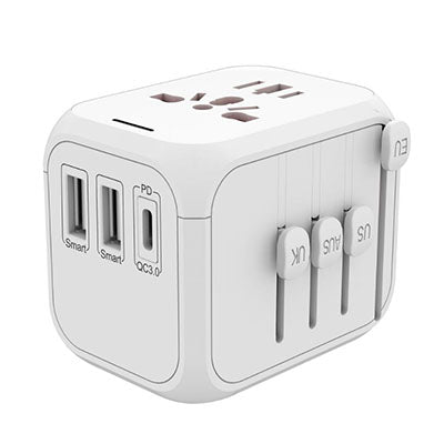 White world travel adaptor with sliding plug selectors, multi-format socket, two USB-A ports and one USB-C port