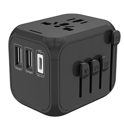 Black world travel adaptor showing the multi-format socket, plug selectors, two USB-A ports and one USB-C port
