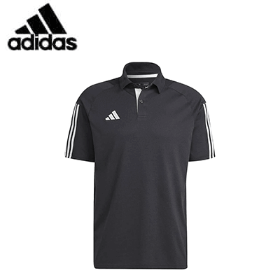 Adidas Tiro 23 Polo Tee in black with classic polo design and three-stripe detailing.