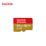 SanDisk Extreme microSDXC QuickFlow UHS-I 64GB memory card with fast read and write speeds ideal for 4K video recording.