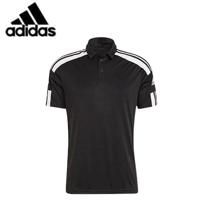 Adidas Squadra 21 Short Sleeve Polo in black, featuring iconic three stripes and moisture-absorbing fabric.