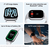 Xiaomi Redmi Watch 5 Active showcasing 2" LCD display, Bluetooth calling, 18 days battery life, and 5ATM water resistance.