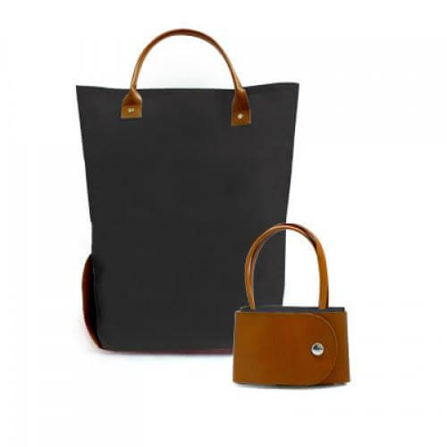 Black Zotcof tote with brown handles, shown open beside its compact folded form