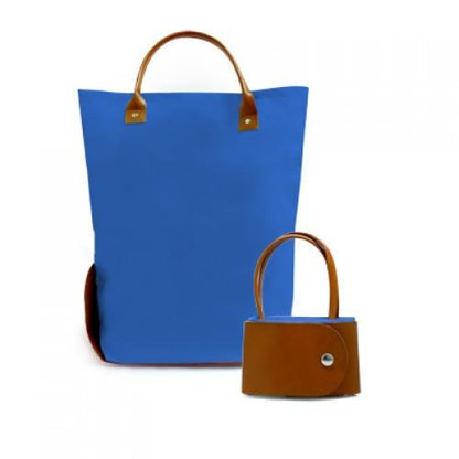 Blue Zotcof tote with brown handles, shown open beside its compact folded form